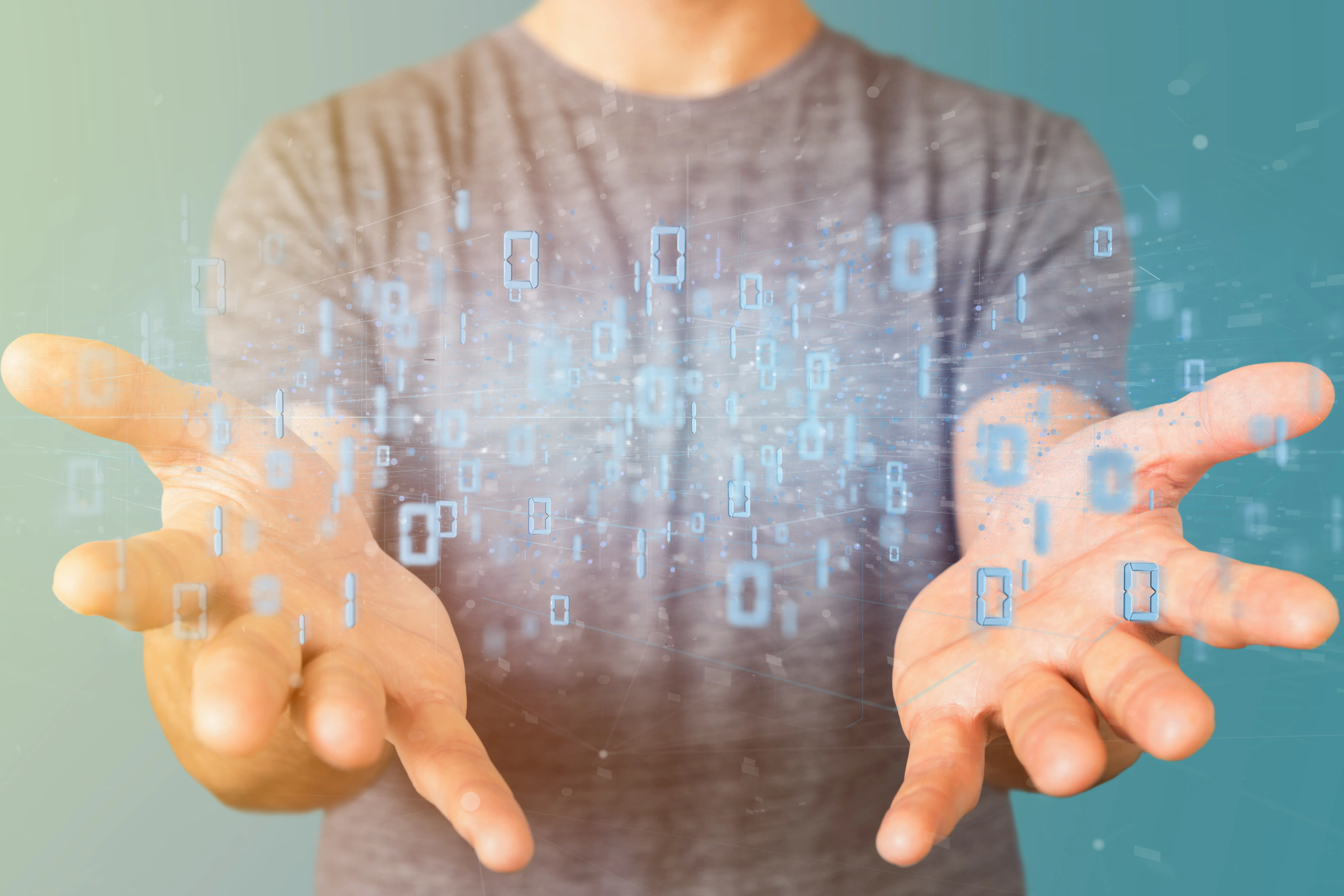 En person holder en data sky i 3d format