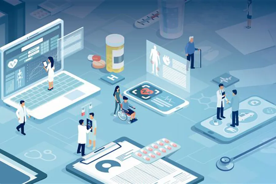 En gruppe mennesker som står i et rom med bord og stoler